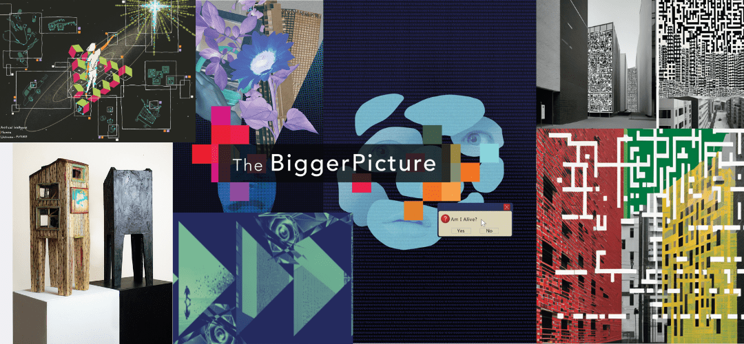 A collage featuring artworks from The Bigger Picture project. Central text reads 'The Bigger Picture' against a colorful background of overlapping squares. Surrounding this text are various digital and physical art pieces depicting abstract and futuristic interpretations of Artificial Intelligence (AI). Top left shows a human figure among geometric shapes and lines, representing connections; top right displays black-and-white patterns on tall buildings; bottom left includes two sculptures resembling small structures on stilts; bottom center and right use vivid colors and digital distortion effects, creating a modern, tech-inspired aesthetic. The images convey diverse, imaginative perspectives on AI.