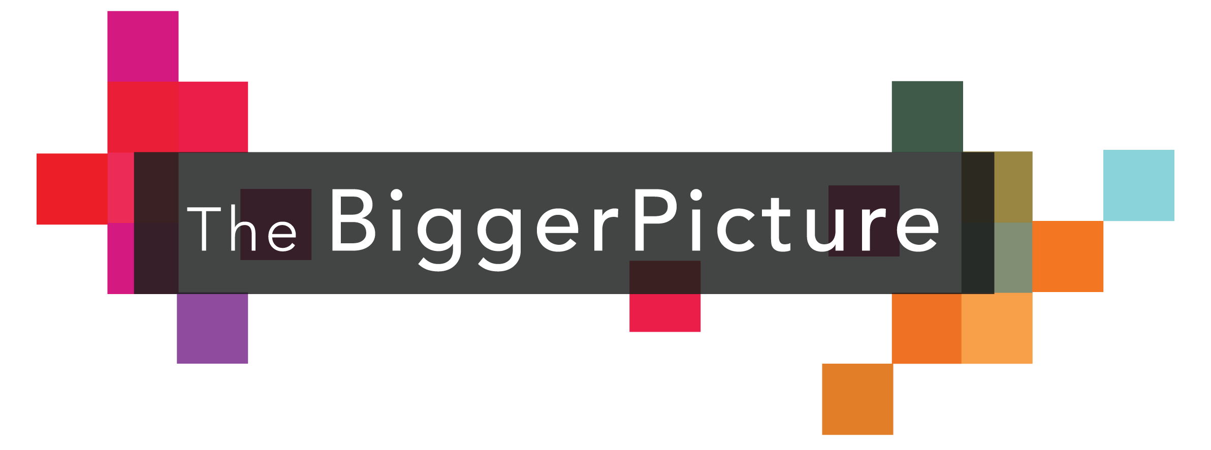 The image displays a logo for "The Bigger Picture." The text is in white and set against a black background, with the word "The" in a smaller font and "BiggerPicture" in a larger font, emphasizing the phrase. Surrounding the text are colorful square and rectangular shapes in various shades of red, purple, green, orange, and blue, giving the design a dynamic and modern feel. These shapes are arranged around the left and right sides of the logo.