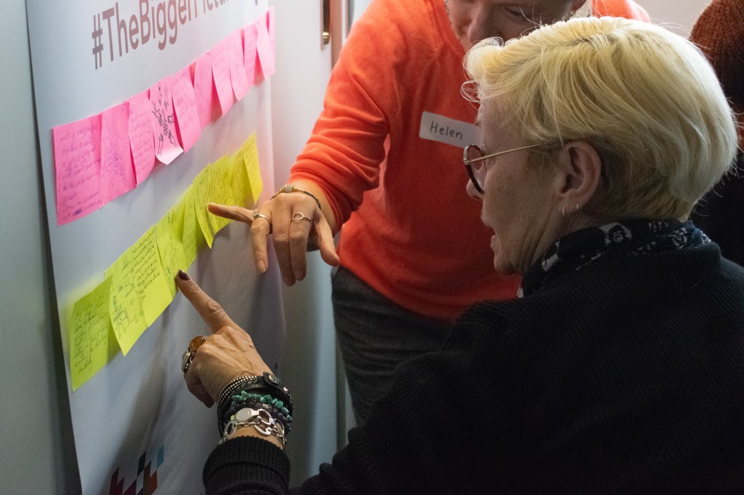 Two women pointing at a poster filled with post-it notes
