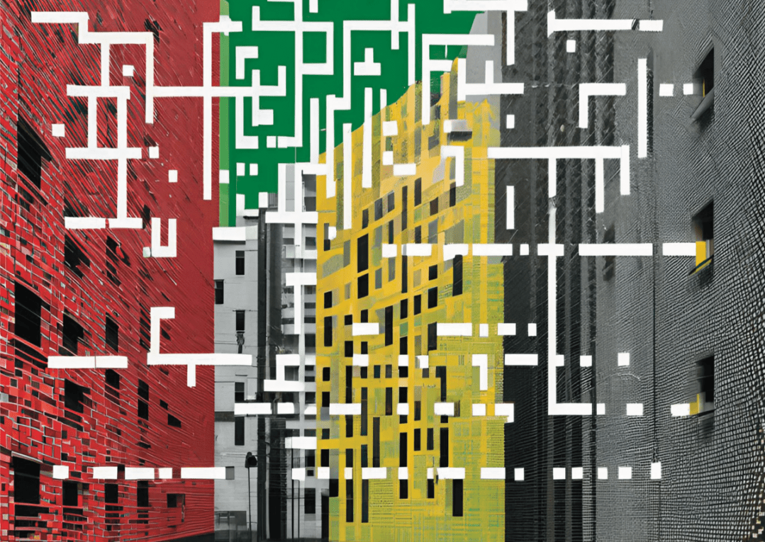 An abstract cityscape with vibrant red, green, yellow, and grey buildings with a brick-like texture. White lines resembling digital circuits flow through the cityscape, some continuous and others fractured, symbolizing the invisible data networks and algorithmic systems that power modern society. The lines’ origins and destinations are unclear, reflecting the lack of transparency in how AI operates beneath the surface of daily life. This refers to the ubiquity and complexity of AI, built and deployed by humans but often difficult to understand.