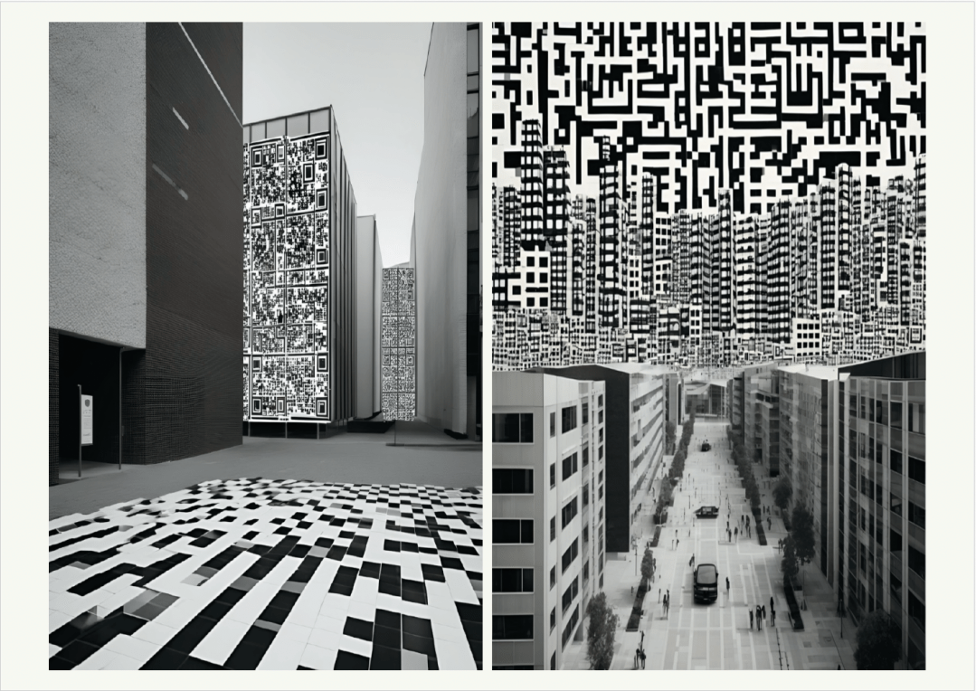 A split image showing two cityscapes dominated by giant black-and-white QR code-like patterns. On the left, tall buildings and the street are completely covered in these codes, blending into the urban environment. On the right, pedestrians walk along a street lined with high-rise buildings that merge with the digital codes. The figures are glitchy, appearing almost AI-generated, blurring the line between real and digitally fabricated. The skyline fades into a dense network of codes. The artwork uses a stark black-andwhite aesthetic.