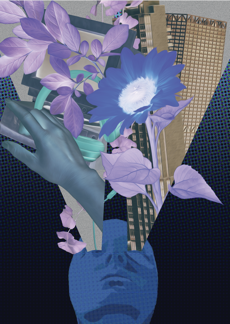 digital collage featuring a blue-toned hand reaching out, surrounded by overlapping elements, including lavender-colored leaves, a large blue flower, and urban architecture in the background. The image has an abstract, layered composition, combining organic shapes with geometric patterns. The background is a gradient of dark blue with a subtle dotted texture, and at the bottom, a blue face pattern fades into the background, adding a ghostly effect to the artwork