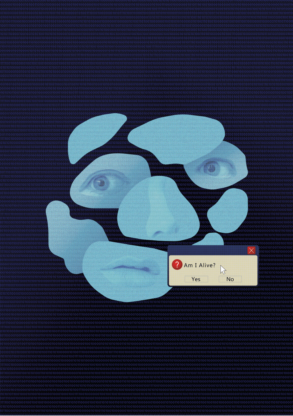 A human face depicted within fragments of the primary color blue, alongside a Windows 365 error pop-up with the question "Am I alive?". In the background there is repeated binary code.