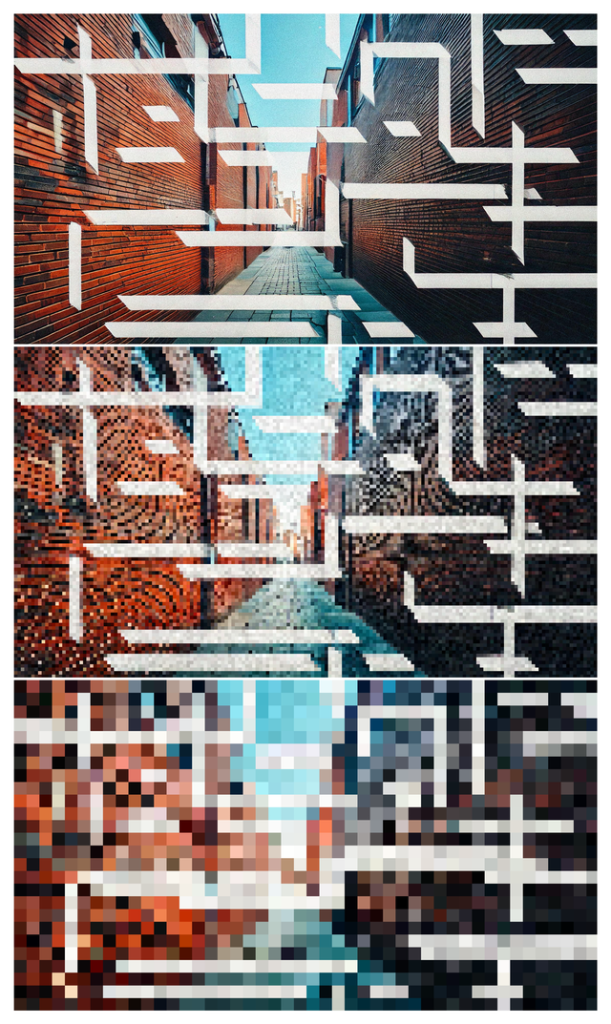 This image features an image of a pixelated street. Overlying the image are different shapes which are arranged to look like QR code symbols. These are in white/blue colours and intersect one another.