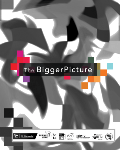 A black and white abstract image with swirling shapes and a grainy texture, overlaid with a grid of brightly coloured squares. The text "The Bigger Picture" is centrally located in a rectangular box with a coloured bar above and below. Logos at the bottom include #DiscussAI, Science Week, Beta, ADAPT, Dublin City University (DCU), Munster Technological University (MTU), Technological University Dublin (TUDublin), and WeAreAI.