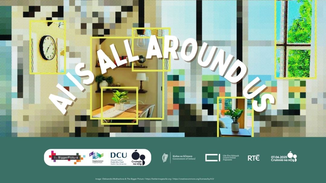 Pixelated room scene with "AI IS ALL AROUND US" text, highlighting objects like a clock and plants, with partner logos below.