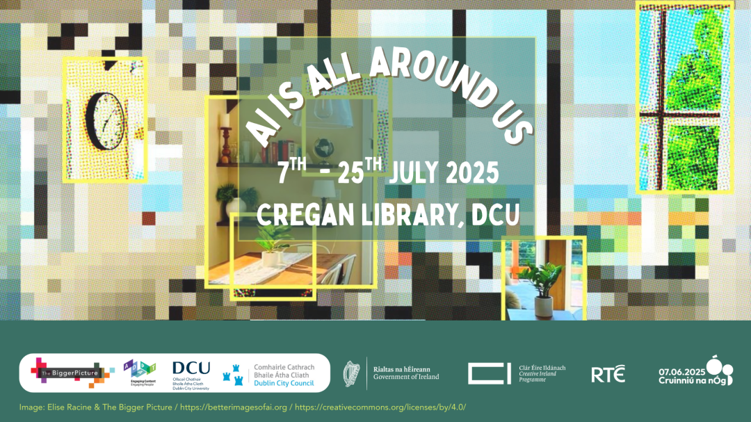 Pixelated room scene with "AI IS ALL AROUND US" text, highlighting objects like a clock and plants, with partner logos below.